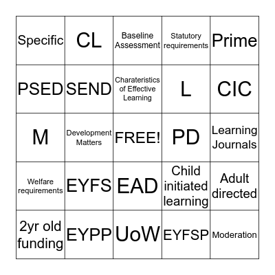 Early Years Foundation Stage Bingo Card