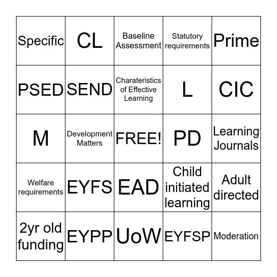 Early Years Foundation Stage Bingo Card