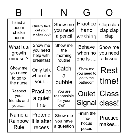 Class Routines Bingo Card