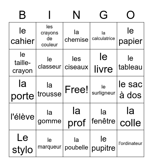 les objets scolaires Bingo Card