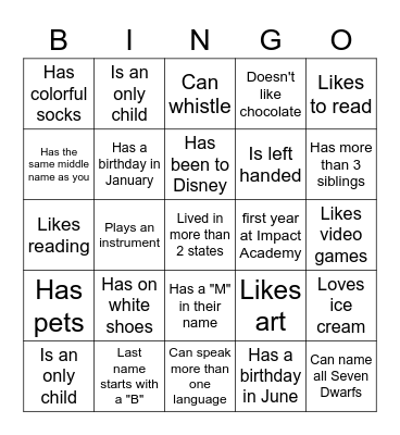 Middle School BINGO: Find someone who... Bingo Card