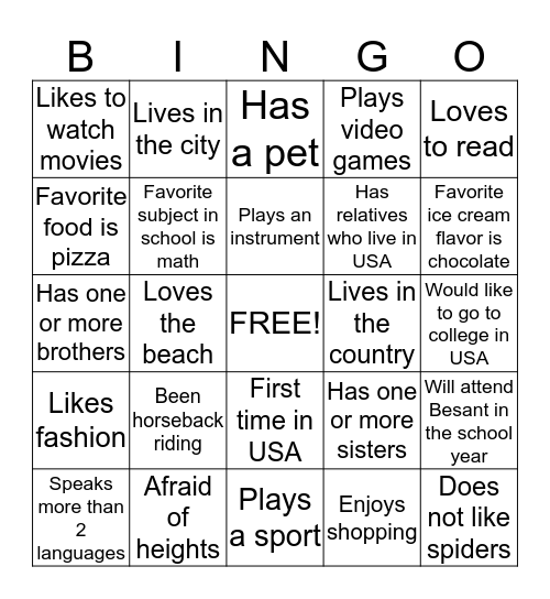 Get To Know You Bingo Card