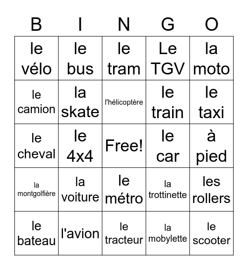 Le transport Bingo Card