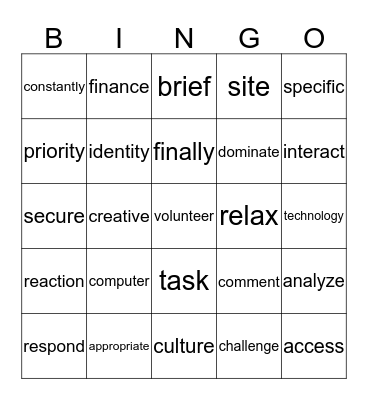 Academic Vocabulary Bingo Card