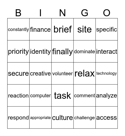 Academic Vocabulary Bingo Card