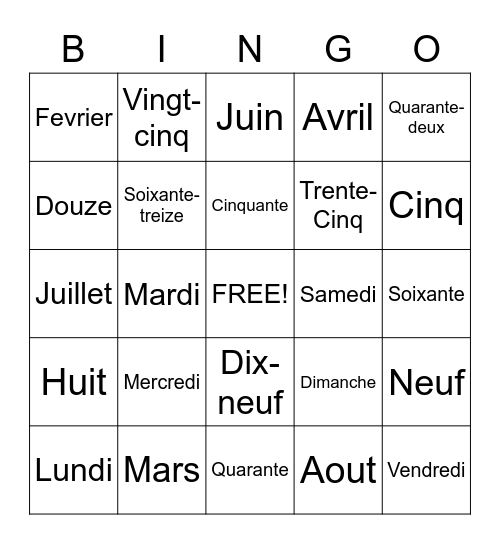 FRENCH Bingo Card