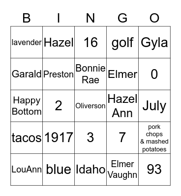 Grandma Nanny's Family Bingo Card