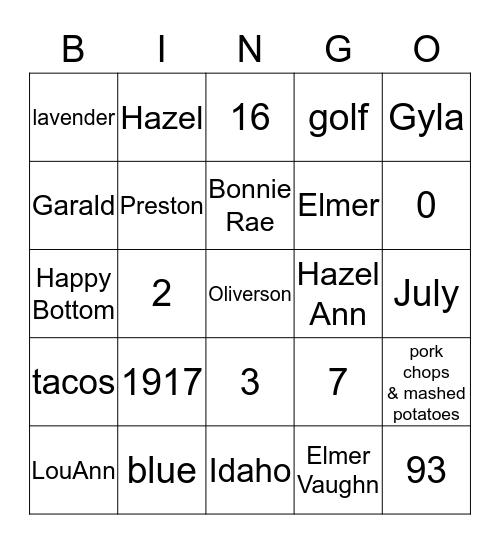Grandma Nanny's Family Bingo Card
