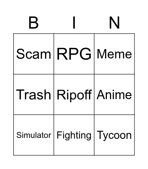 Roblox Bingo Card