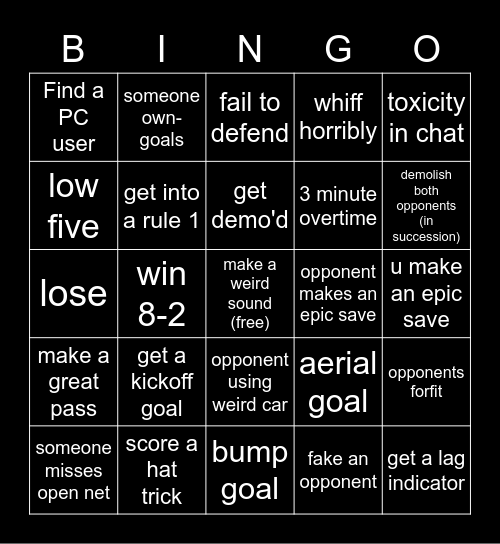 Rocket League Bingo Card