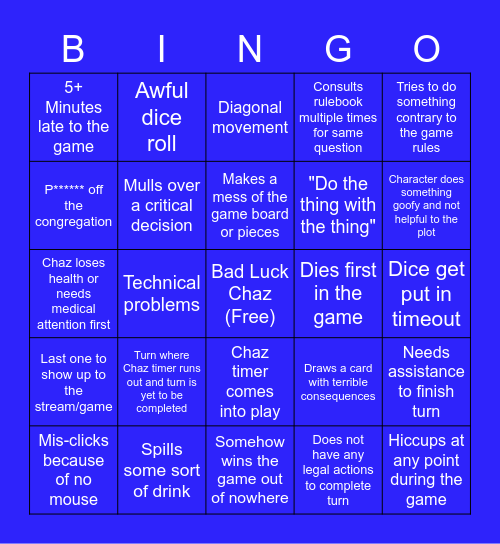 Chaz Board Game Bingo (virtual or in-person) Bingo Card