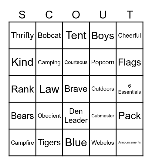 Cub Scout Bingo Card