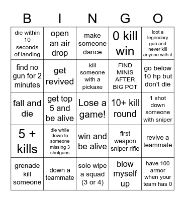 Fortnite sqauds Bingo Card