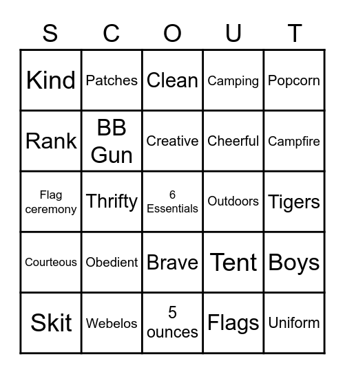 Cub Scout Bingo Card