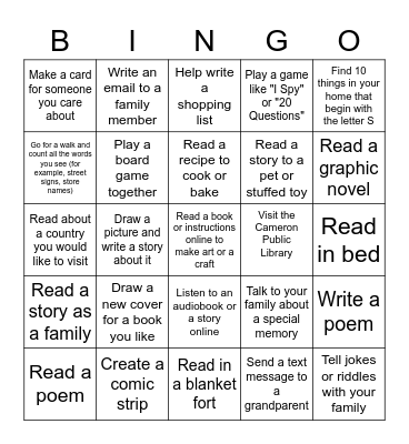 Literacy Week Bingo - Family Edition Bingo Card