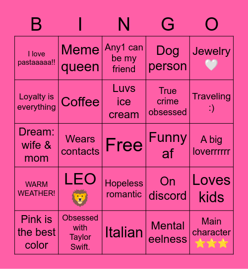 Sarah Bingo Card