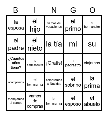 Unidad 4 - La Familia Bingo Card