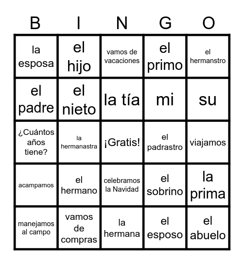 Unidad 4 - La Familia Bingo Card