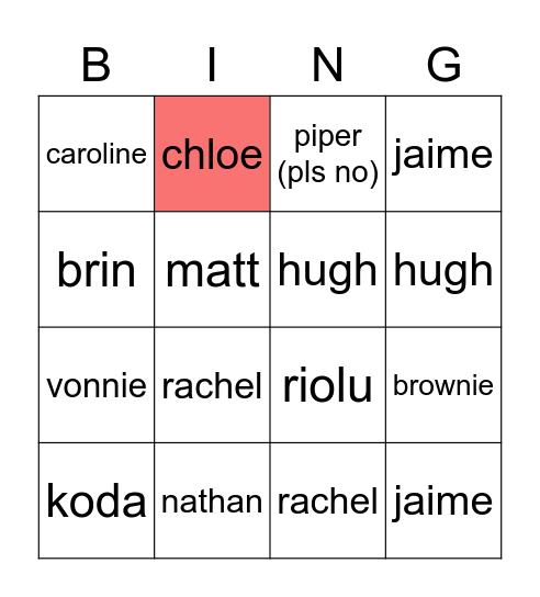 family bingo Card