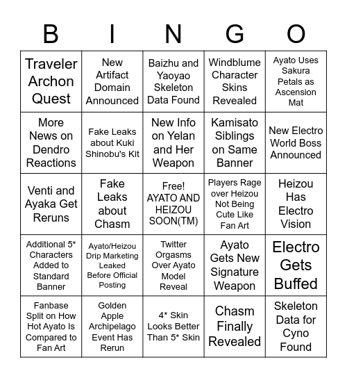 Genshin 2.6 Beta Leaks Bingo Card