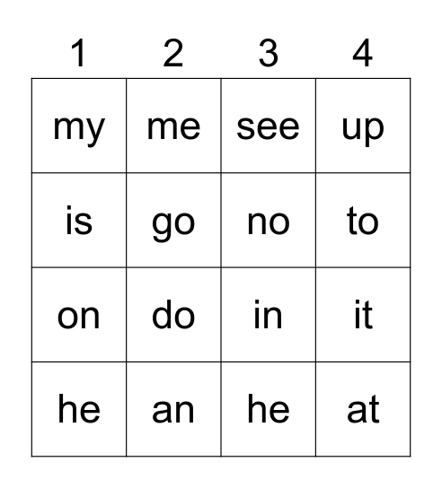 Snap Word List A Bingo Card