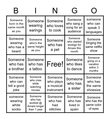 Amara getting to know you BINGO Card