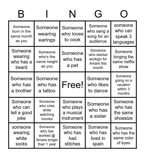 Amara getting to know you BINGO Card