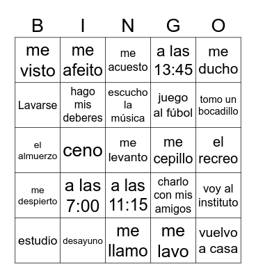 Reflexive Verbs Spanish Bingo Card