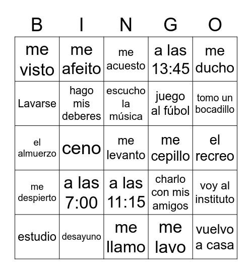 Reflexive Verbs Spanish Bingo Card