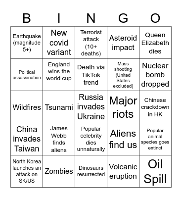 2022 Apocalypse Bingo Card