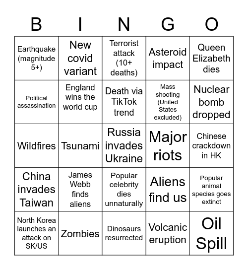2022 Apocalypse Bingo Card