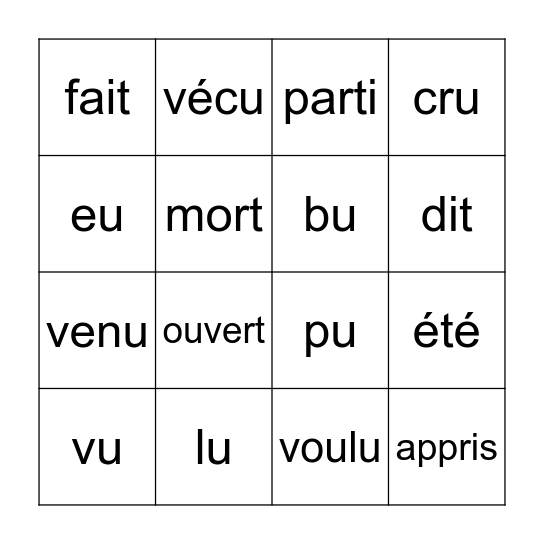 Le Bingo Des Participes Pass s Bingo Card