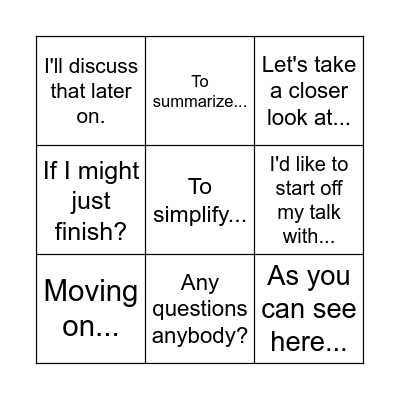 English Bingo Card