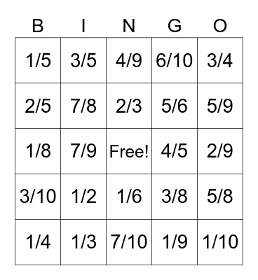 Fraction / Decimal Bingo Card