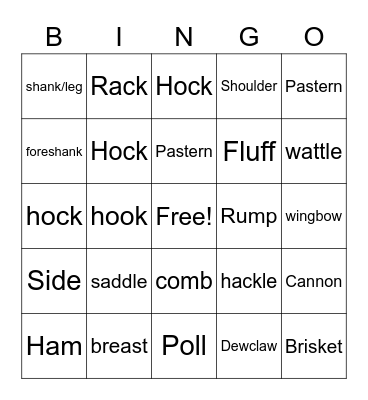 Livestock External Anatomy Bingo Card