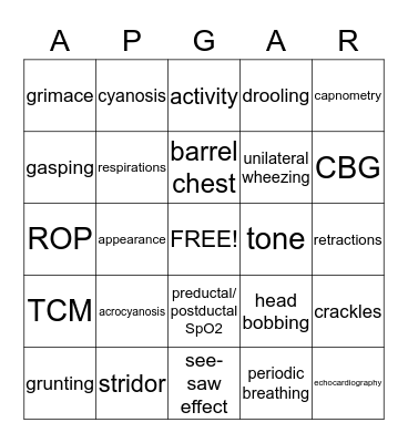 Neonatal/Pediatric Assessment Bingo Card
