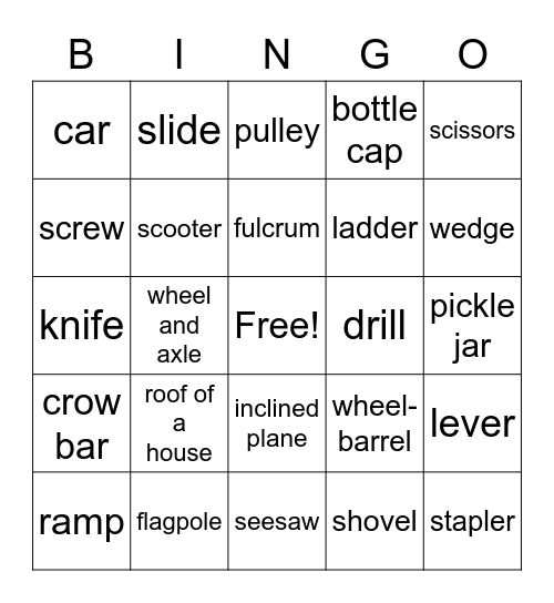 Simple Machines Bingo Card