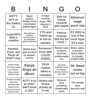 2022 BINGO CARD Bingo Card
