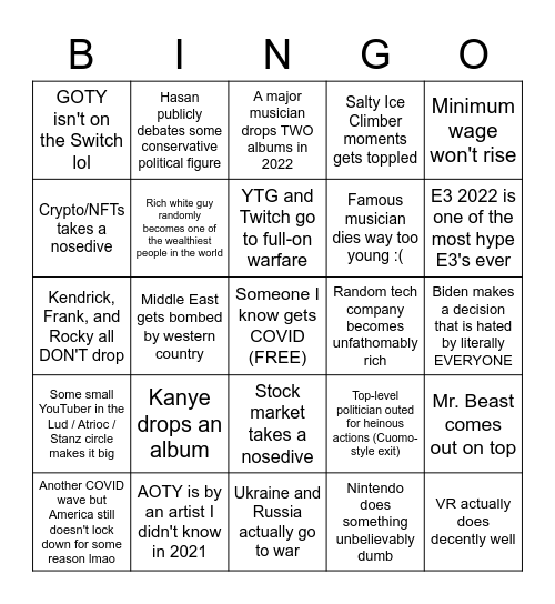 2022 BINGO CARD Bingo Card