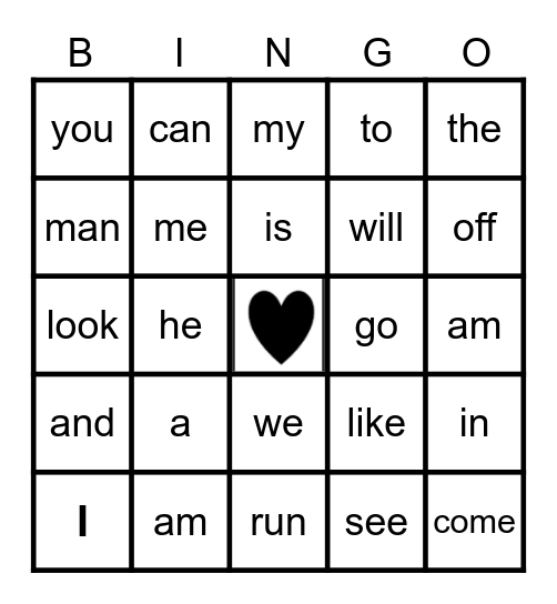 Sight Word Bingo Card