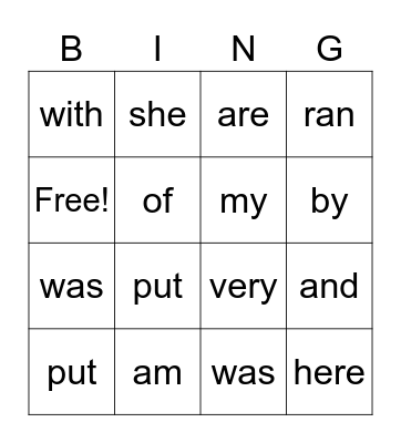 Sight Words Bingo Card