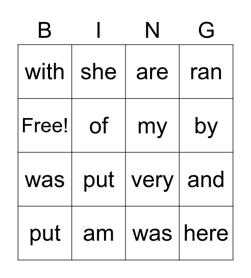 Sight Words Bingo Card