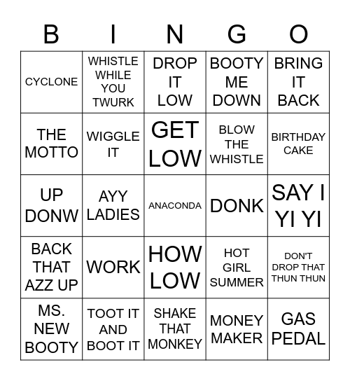 Shake Yo Booty Bingo Card