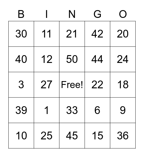 1-50 Bingo Card