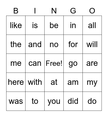 Heart Words Bingo Card