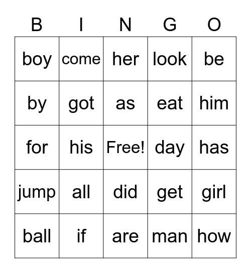 Sight Words 1-25 Bingo Card