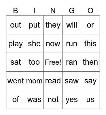 Sight Words 26-50 Bingo Card