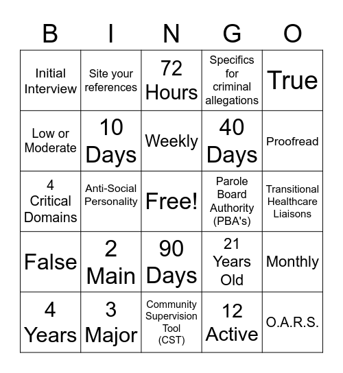 Parole Academy Bingo Card