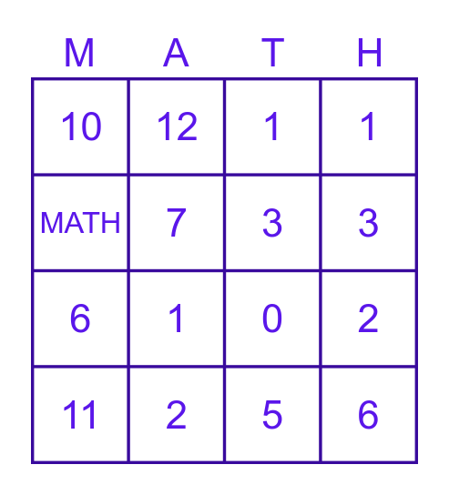 MATH GO Bingo Card