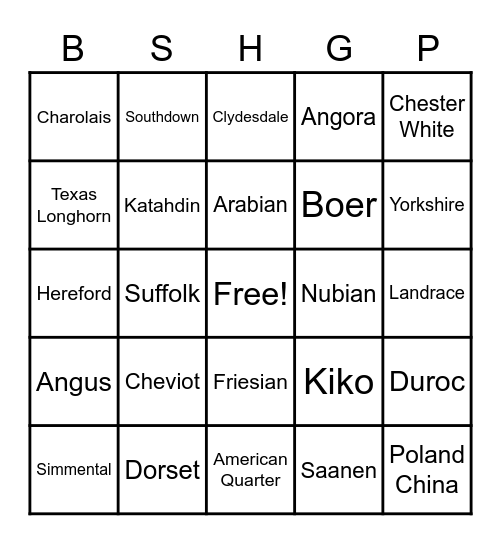 Animal Breeds BINGO 2 Bingo Card